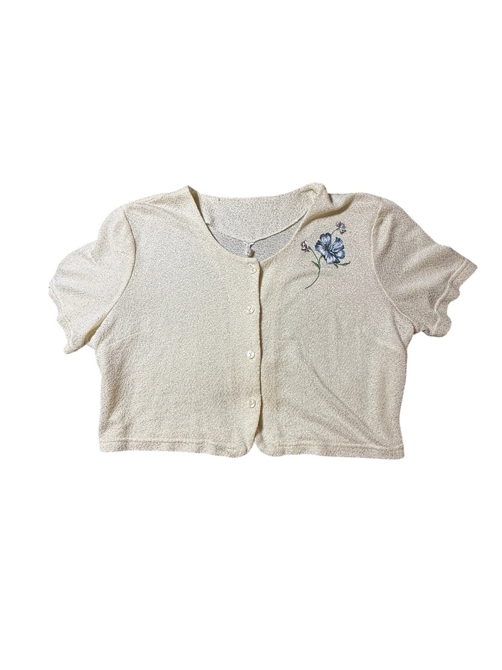 Vintage Style Cream Cropped Cardigan 20 Floral Embroidered Knit Grandmacore 2X